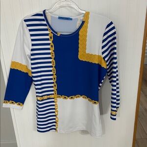 J. McLaughlin Nautical Blue and White Top with Gold Chains